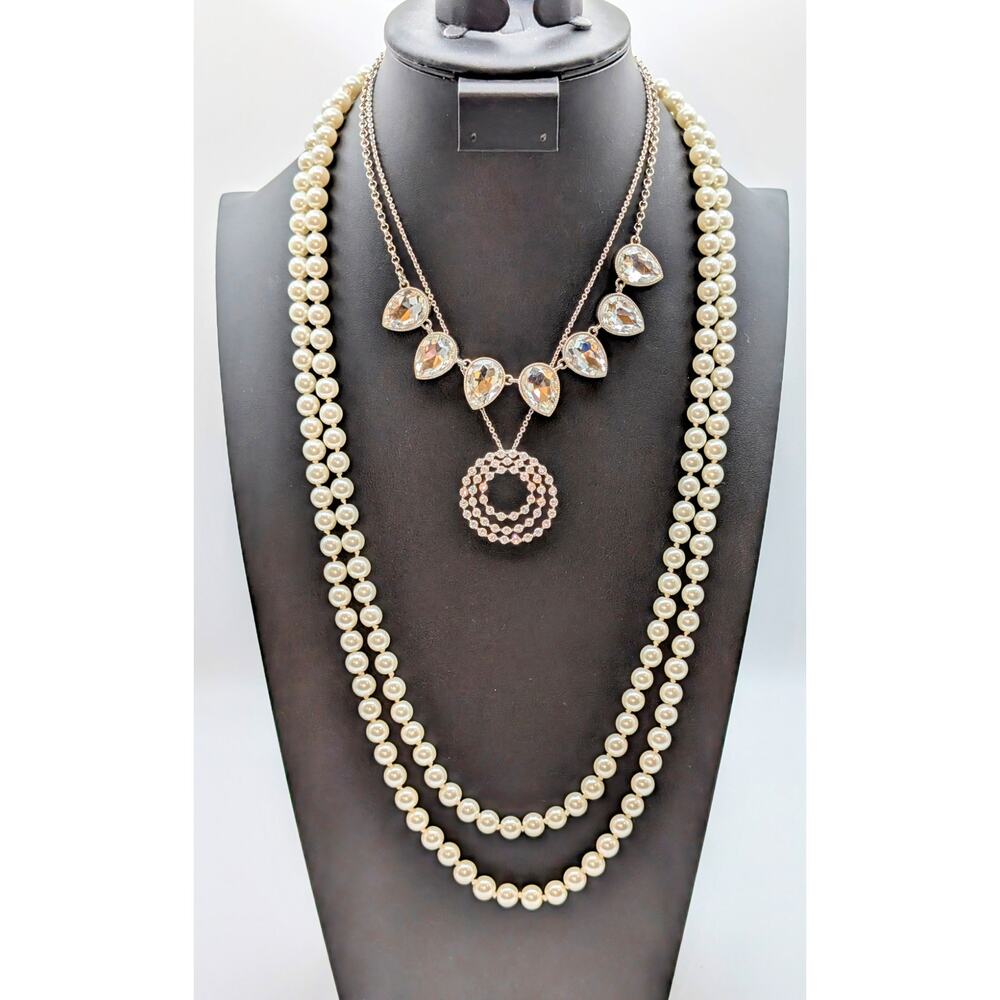 Lot of Three Faux Pearl Rhinestone Silver Tone Necklaces To Layer or Wear Alone